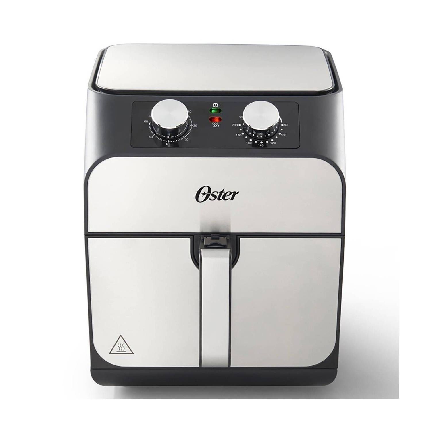 Air fryer Oster em aço inox sobre fundo branco